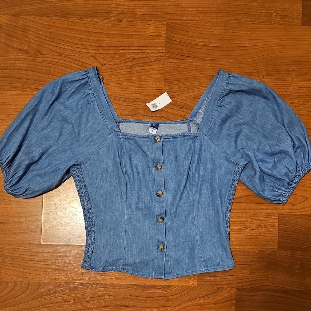 Denim Blue Puff Sleeve Blouse Size Small Tall